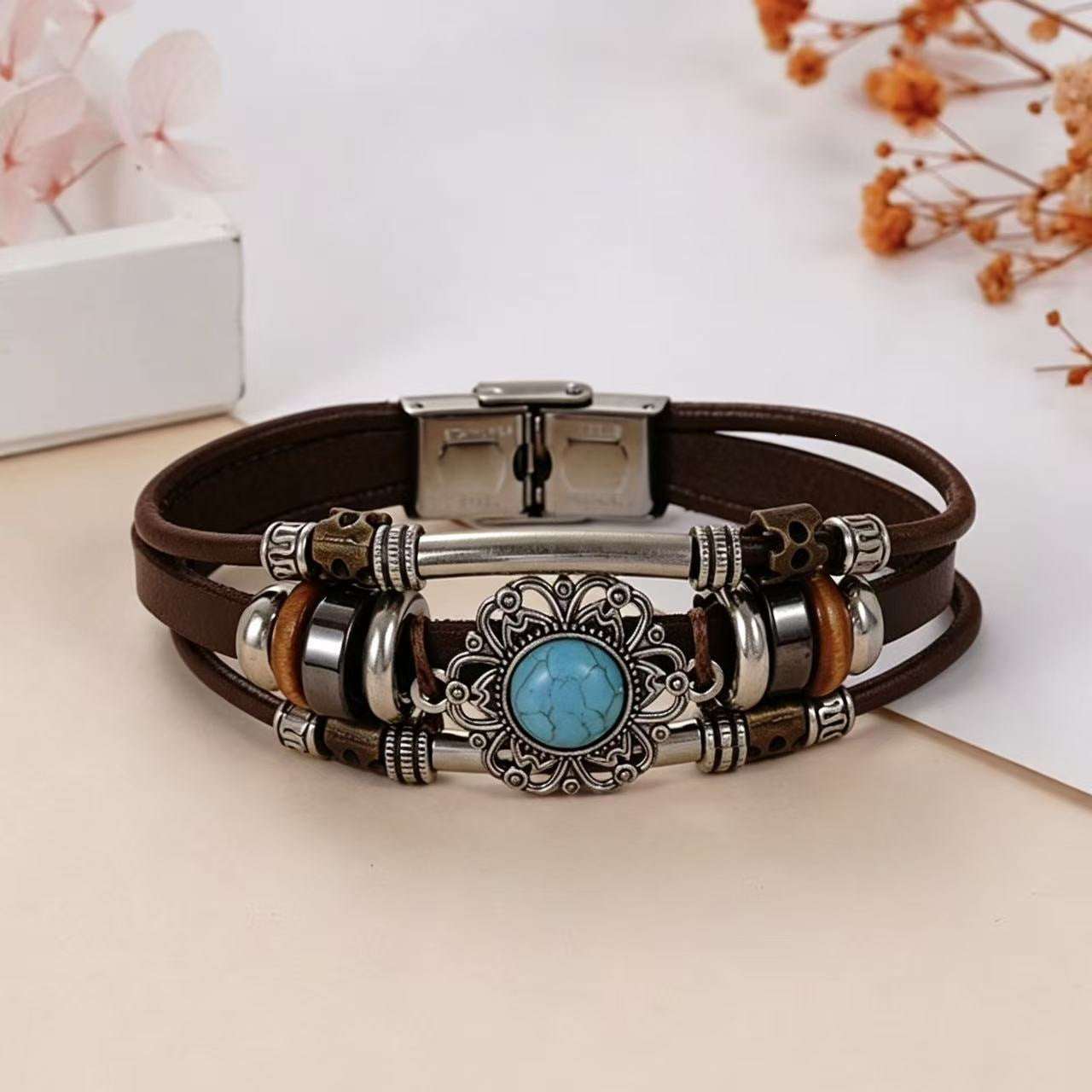 Wholesale Handwoven Leather Turquoise Bracelet Men Unisex Trendy Jewelry Accessory