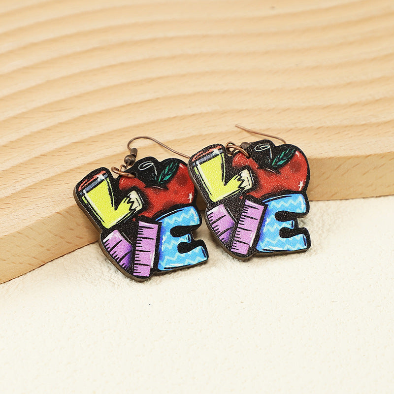 Wholesale Independence Day LOVE fireworks gesture blue, white and red wooden earrings