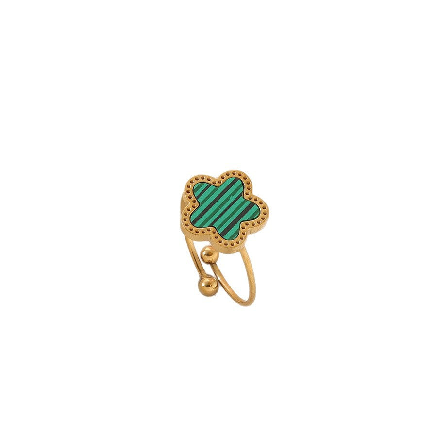Wholesale Titanium Steel Five-Leaf Flower Mother-Of-Pearl Ring Women' s Fashionable Versatile Adjustable Open Stainless Steel Ring
