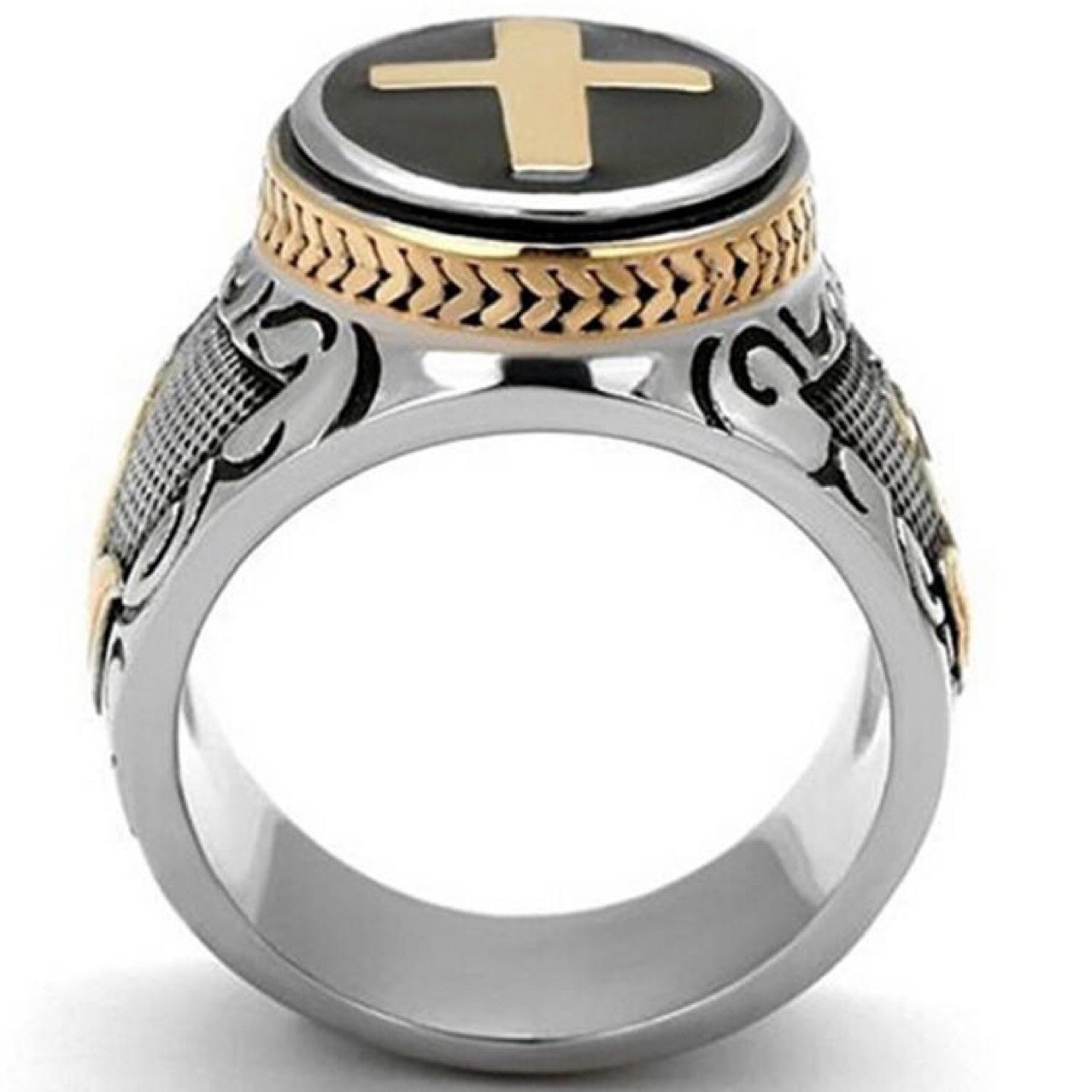 Wholesale two-color retro men's ring gold-plated prayer God's hand cross ring