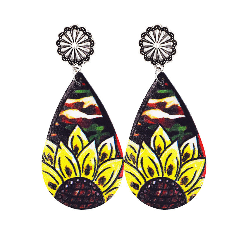 Wholesale Western Denim distressed style sunflower leather earrings