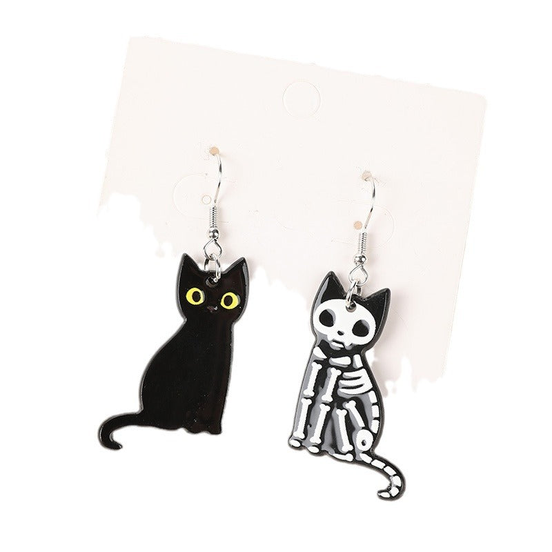 Wholesale double-sided acrylic skull black and white cat earrings
