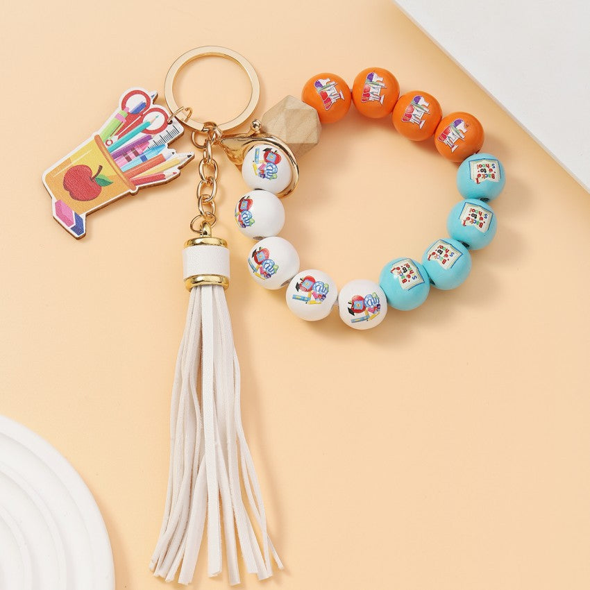 Wholesale Acrylic Fresh Color Tassel Apple Wood Brand Beaded Bracelet Keychains Wristlet Keychain ACC-KC-RongR069