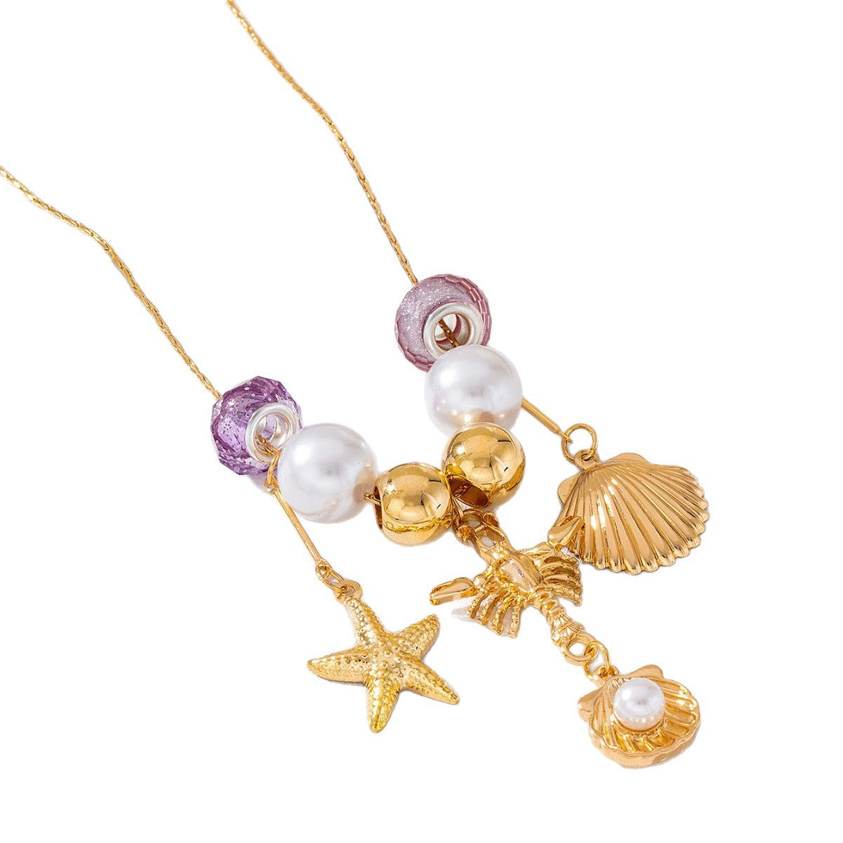 Wholesale Beach Vacation Starfish Seashell Pearl Necklace Purple Beaded Ocean Pendant Choker Fashion Jewelry Accessory Women Gift Boutique Resale