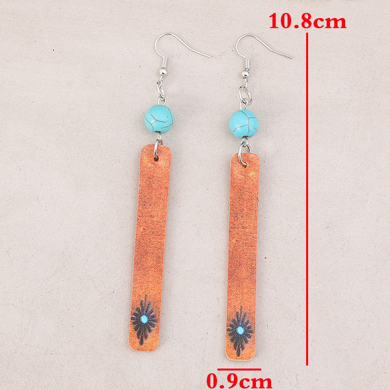 Wholesale Retro Style Turquoise ing Rectangular Long Pendant Leather Earrings Party Wear Fashion Accessory