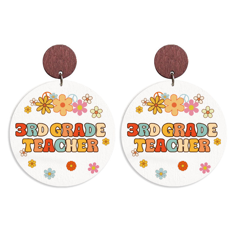 Wholesale Wooden printed school season grade text retro Bohemian autumn earrings