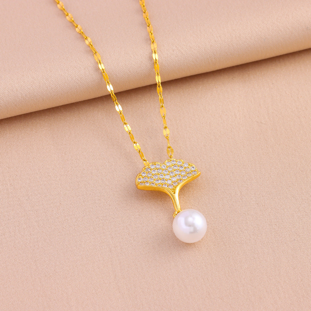 Wholesale  Titanium Steel Light Luxury  Micro-inlaid Ginkgo Leaf Pearl Necklace Earrings Set