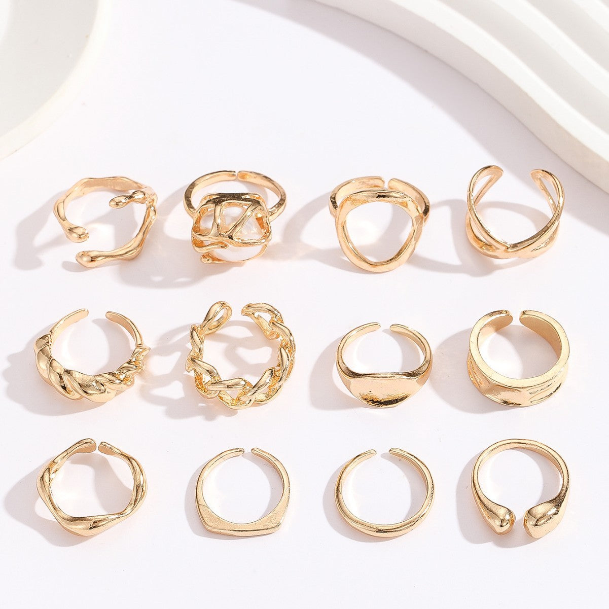 Wholesale 12 Piece Women S Geometric Pearl Accent Open Ring Set Zinc Alloy Gold Tone Stackable Jewelry Gift