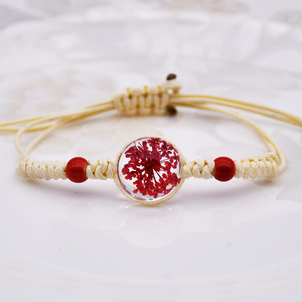 Wholesale Women' s Handmade Dried Flower Bracelet with Glass Ball Charm,  Red,  Boutique Resale Gift for Everyday Wear