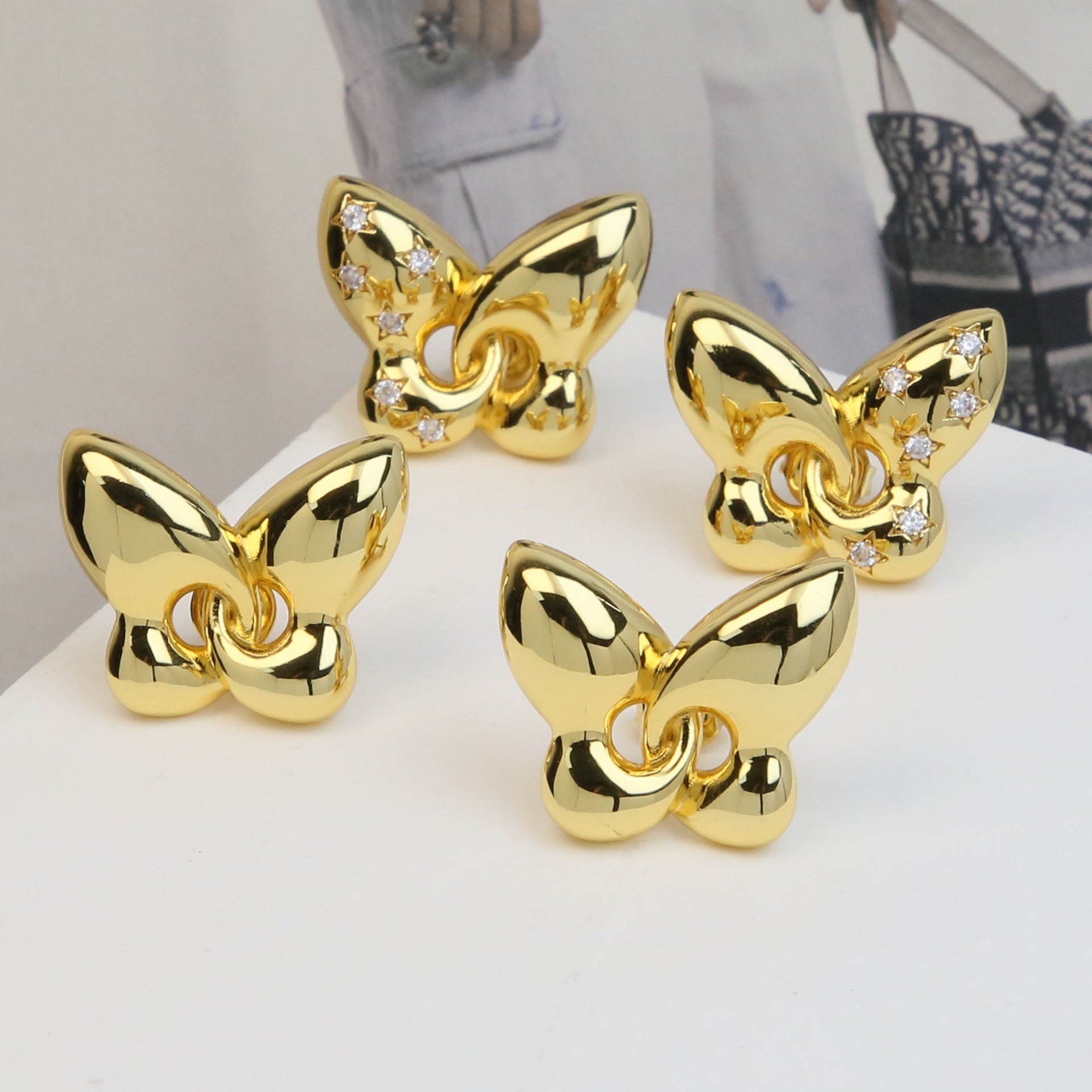 Wholesale  Brass Zircon 18K Golden Face Butterfly Earrings