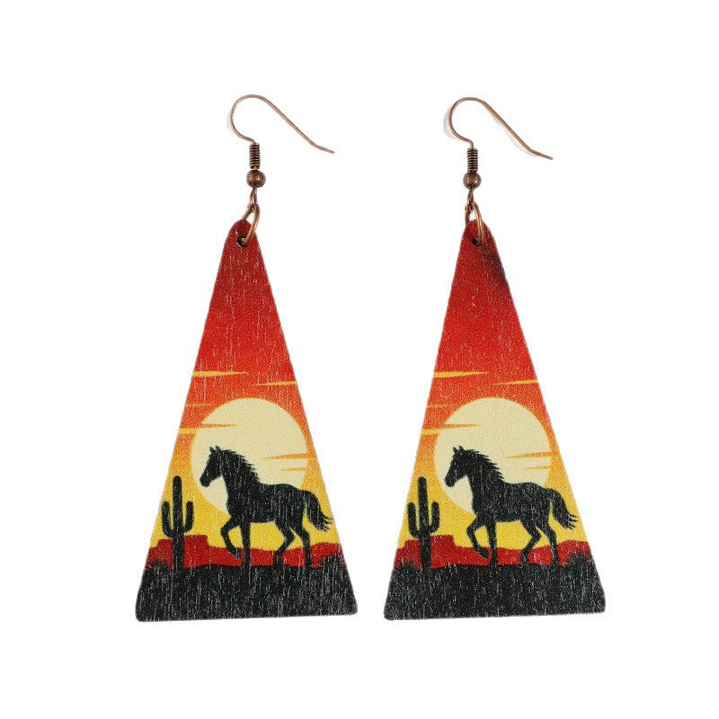Wholesale Retro Western Style Triangular Wooden Earrings Desert Cactus Horse Sunset Print Boutique Resale