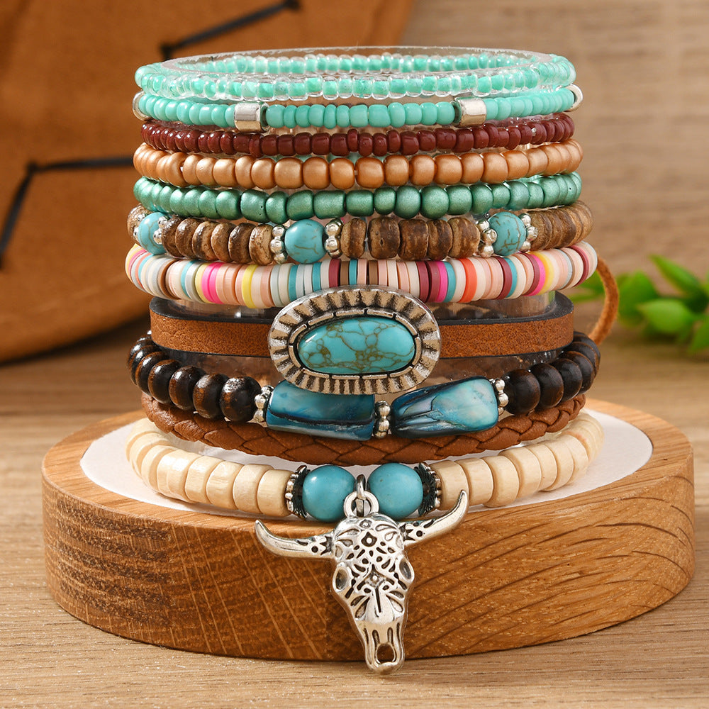 Wholesale Alloy bull head polymer clay nut shell woven multi-layer bracelet