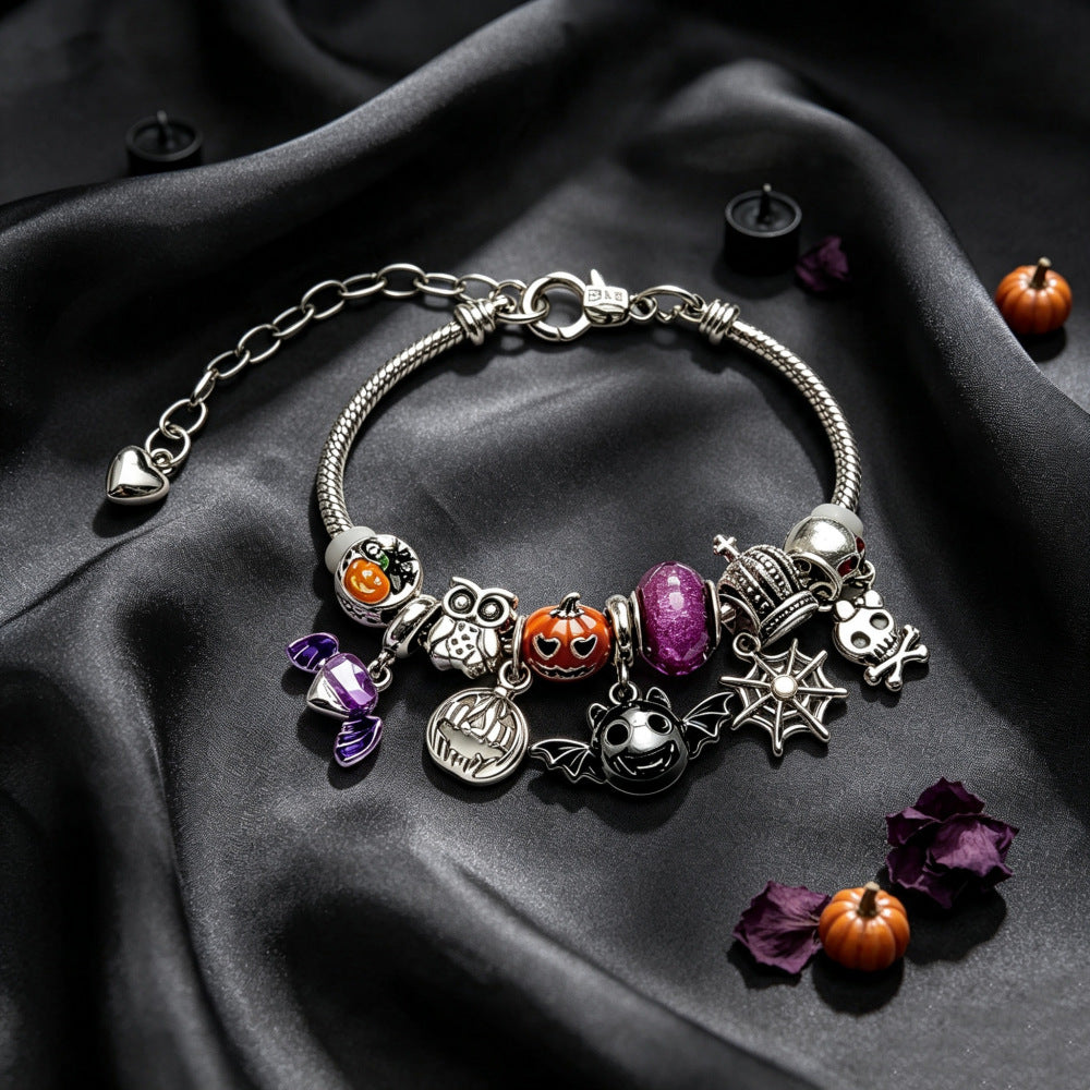 Wholesale Adjustable  Bead Bracelet With Pumpkin Bat Owl Skull Charms Vintage Zinc Alloy Unisex Jewelry Gift
