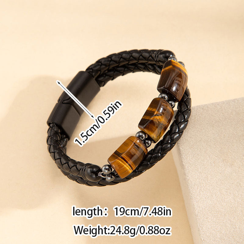 Wholesale Men S Multi Layer Leather Rope Bracelet With Tiger Eye Stone Beads And Magnetic Clasp Trendy Everyday Wear