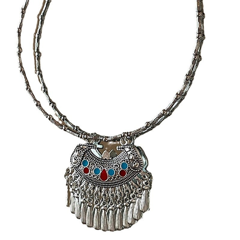 Wholesale Ethnic Style Antique Silver Engraved Long Tassel Chain Necklaces ACC-NE-Miaosi012