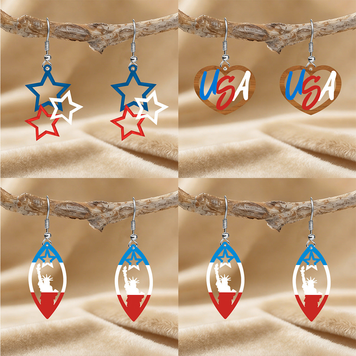 Wholesale Independence Day Red,  White,  and Blue American Flag Star  Heart Acrylic Earrings