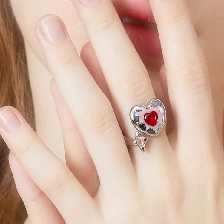 Wholesale Red Heart Diamond Pink Oil Dripping Opening Adjustable Ring