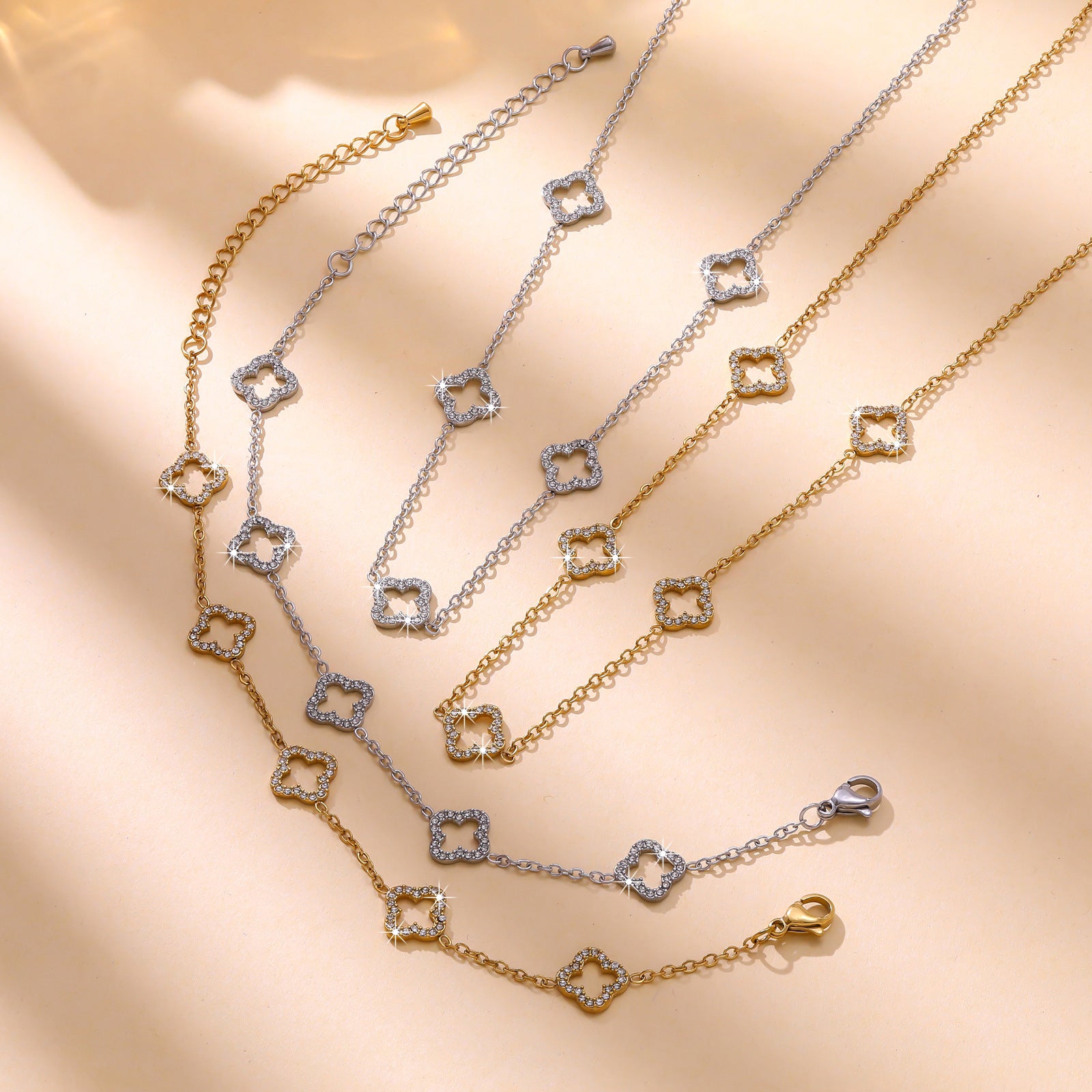 Wholesale Fashion Four Leaf Clover Hollow Out Gold Plated Stainless Steel Long Necklace For Women Everyday Wear Gift