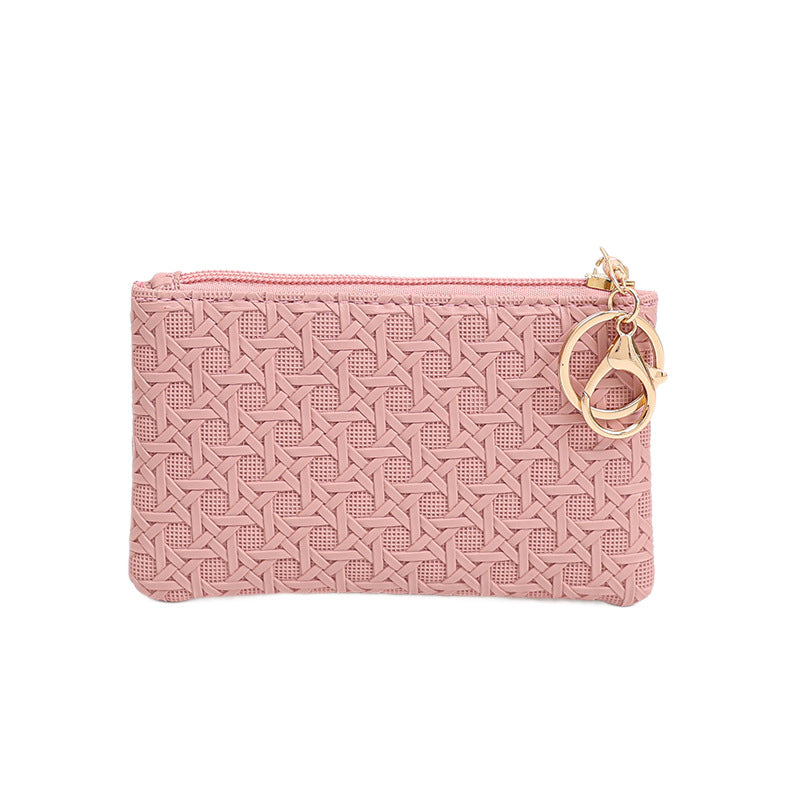 Wholesale Trendy Woven Coin Purse For Women PU Leather Solid Black Keychain Wallet Fashion Accessory