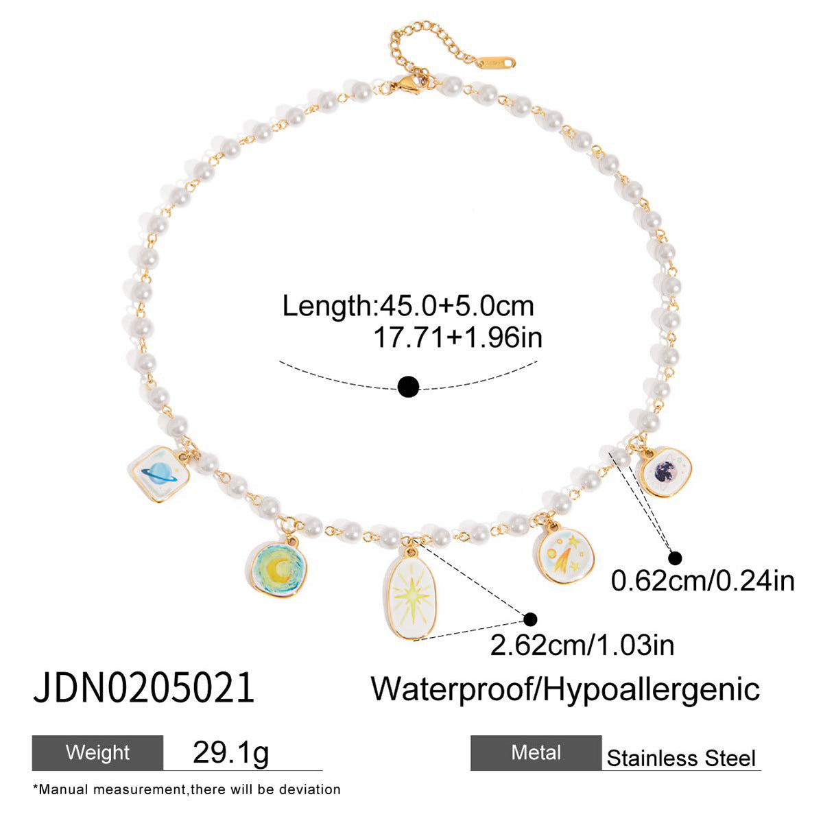 Wholesale 18K Gold Stainless Steel Oil Drop Print Glass Pearl Curved Needle Pendant Necklace