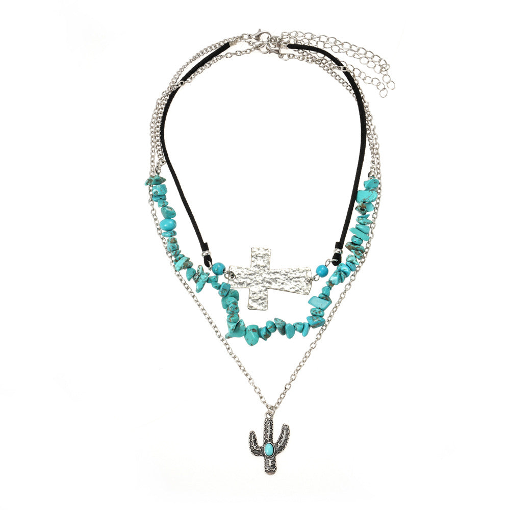 Wholesale Turquoise Cross Cactus Multi-Layer Pendant Necklace Retro Clavicle Chain Niche Design Necklace for Women