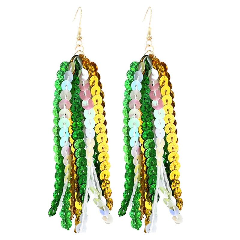 Wholesale 2 pairs/pack St. Patrick's Green Sparkling Tassel Metal Stud Earrings ACC-ES-HY225