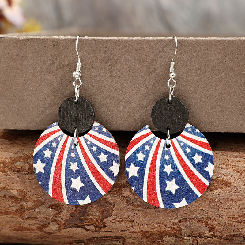Wholesale Vintage American Independence Day Half Circle Printed Five-Pointed Star Stripe Earrings