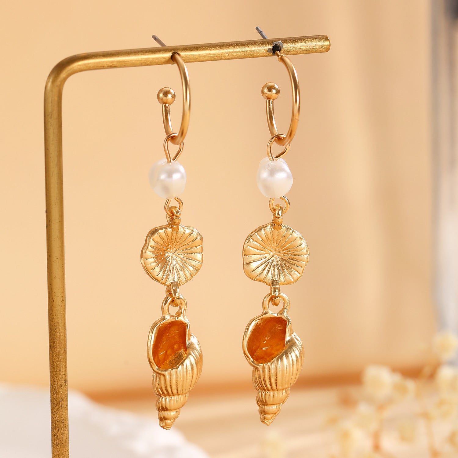 Wholesale Gold Tone Ocean Pearl Conch Starfish Earrings For Women Beach Vacation Fashion Jewelry Gift