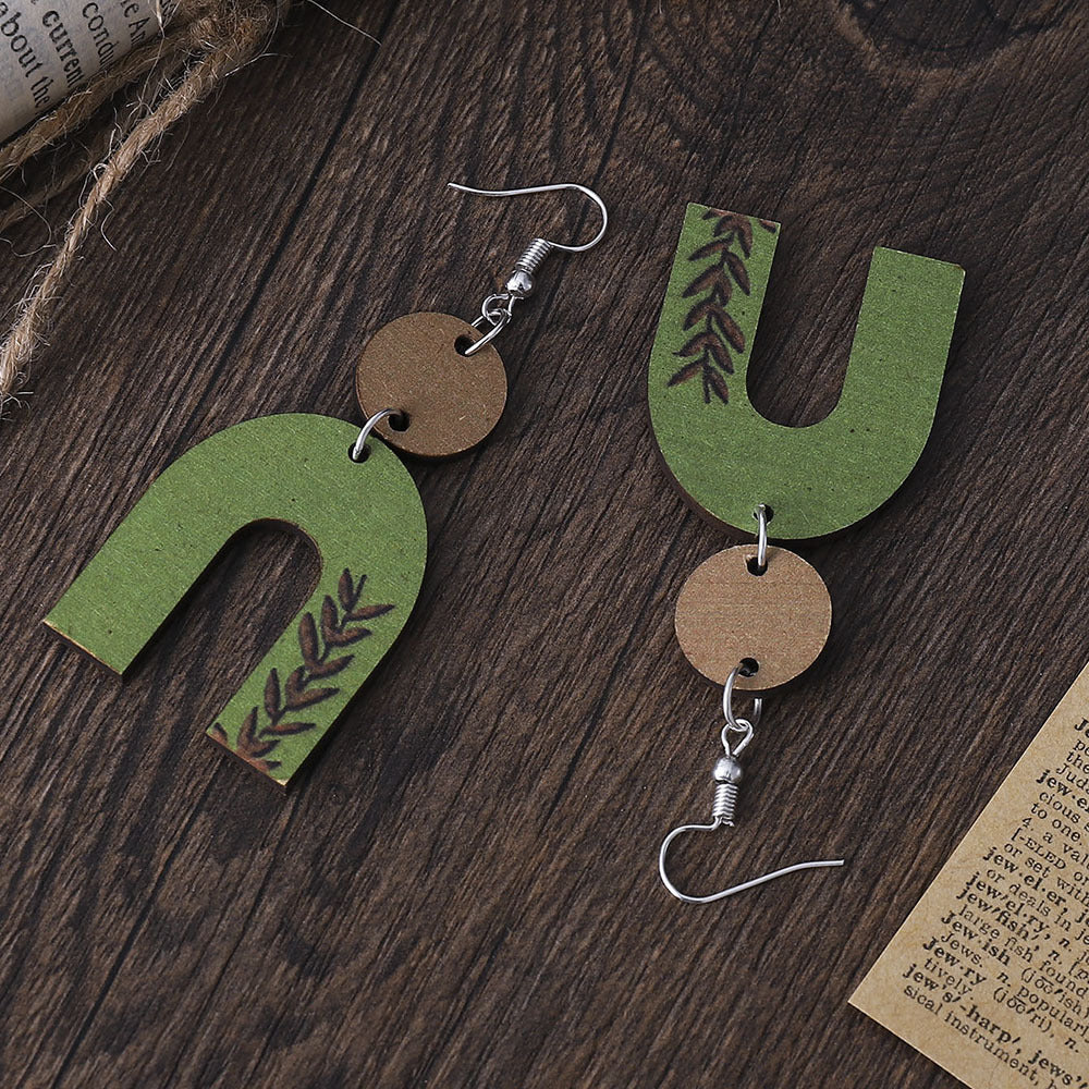 Wholesale  Long U-shaped Geometric Square Hollow Wooden Earrings