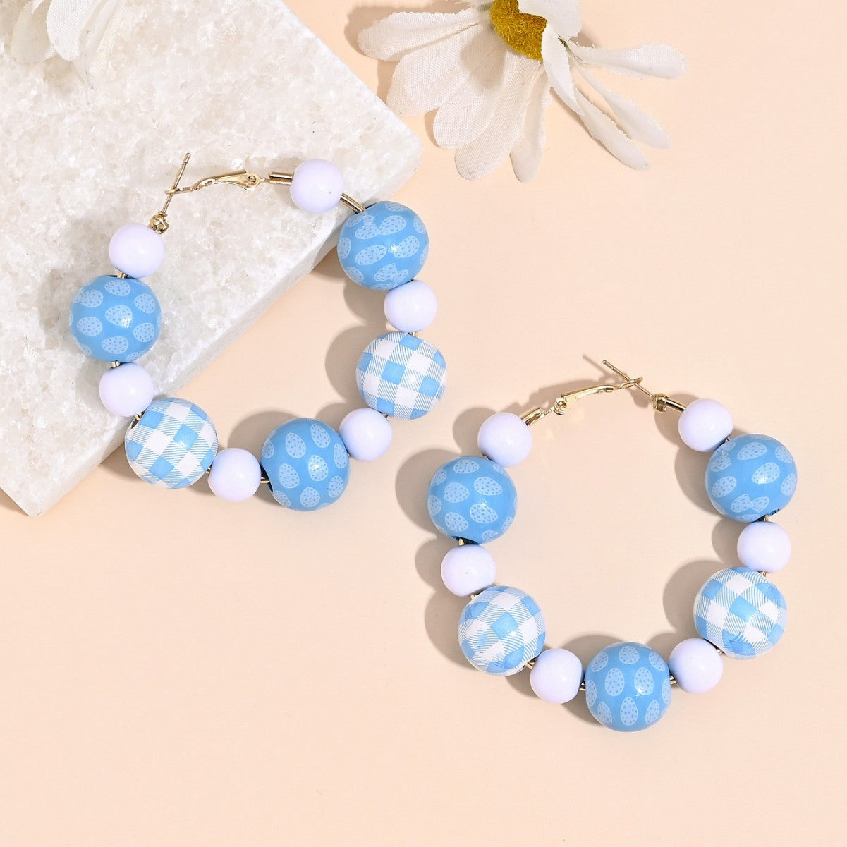 Wholesale Easter Cute Bunny Egg Lattice Wooden Bead Earrings