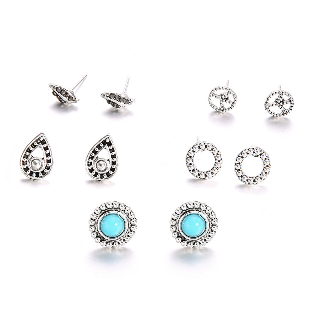 Wholesale Bohemian retro hollow turquoise geometric circle earrings