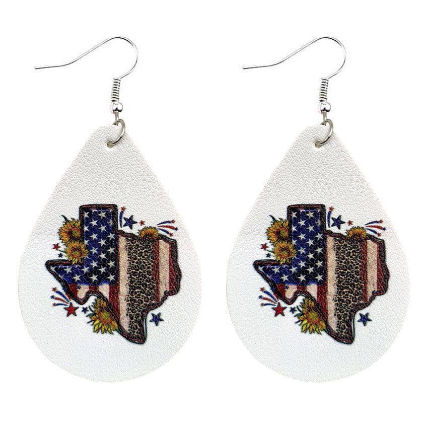Wholesale American Independence Day Texas Map Arrow Striped Five Pointed Star PU Leather Drop Shape Earrings