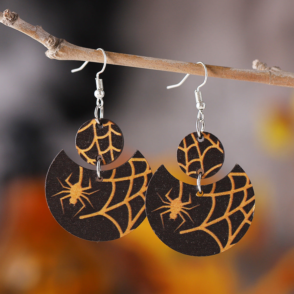 Wholesale  Gothic Pumpkin Color Wooden Double-sided Crescent Pendant Earrings