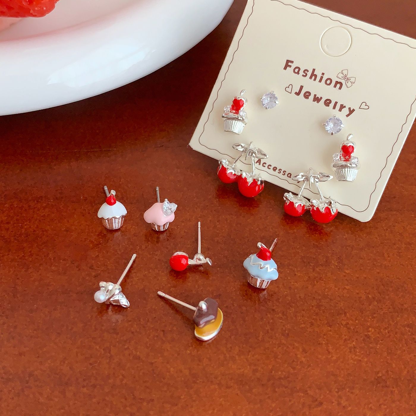 Wholesale Fun bread ice cream fruit dessert earrings silver needle sweet exquisite bow earrings