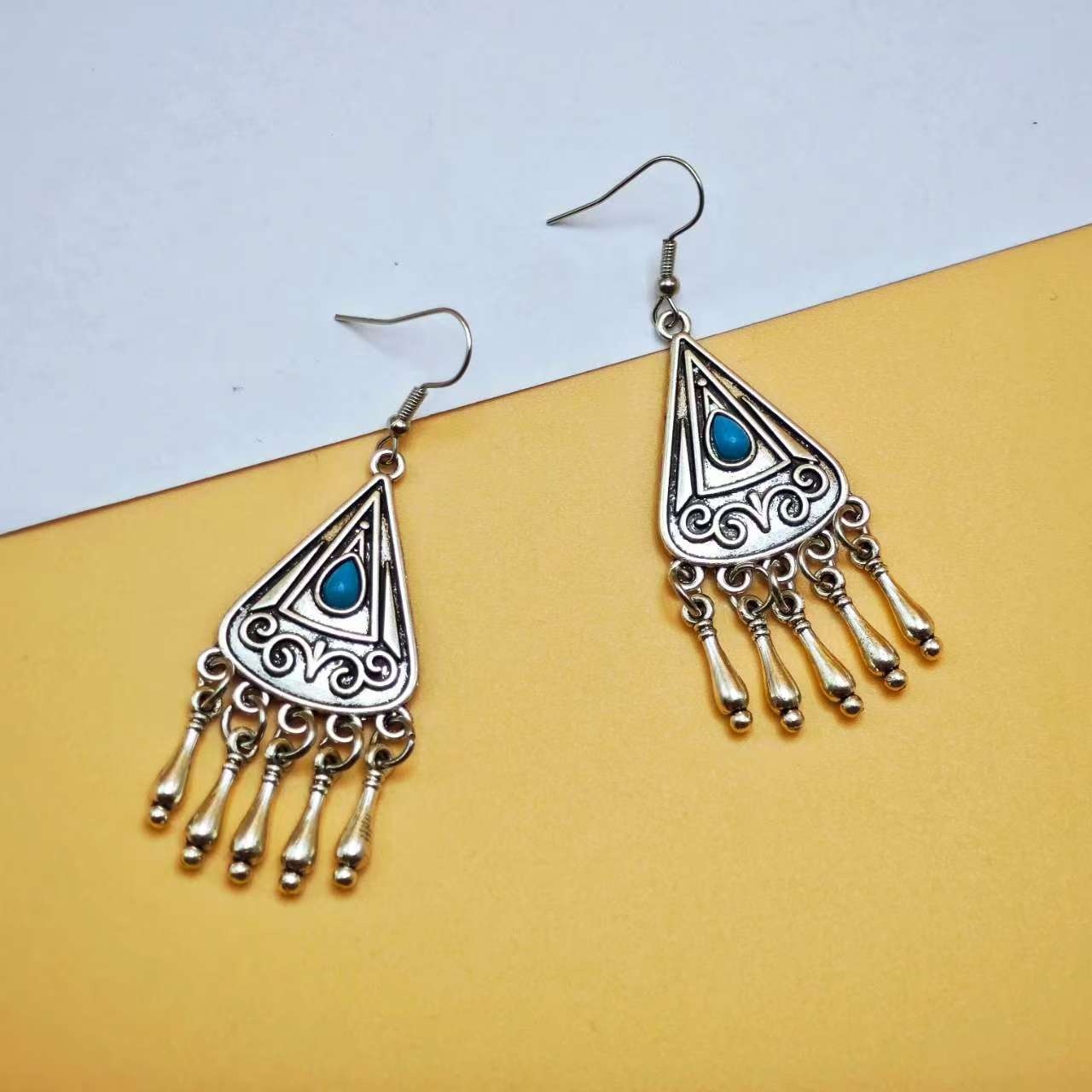 Wholesale Bohemian Style Turquoise Imitation Earrings with Tassel,  Alloy Ethnic Drop Earrings for Party Wear