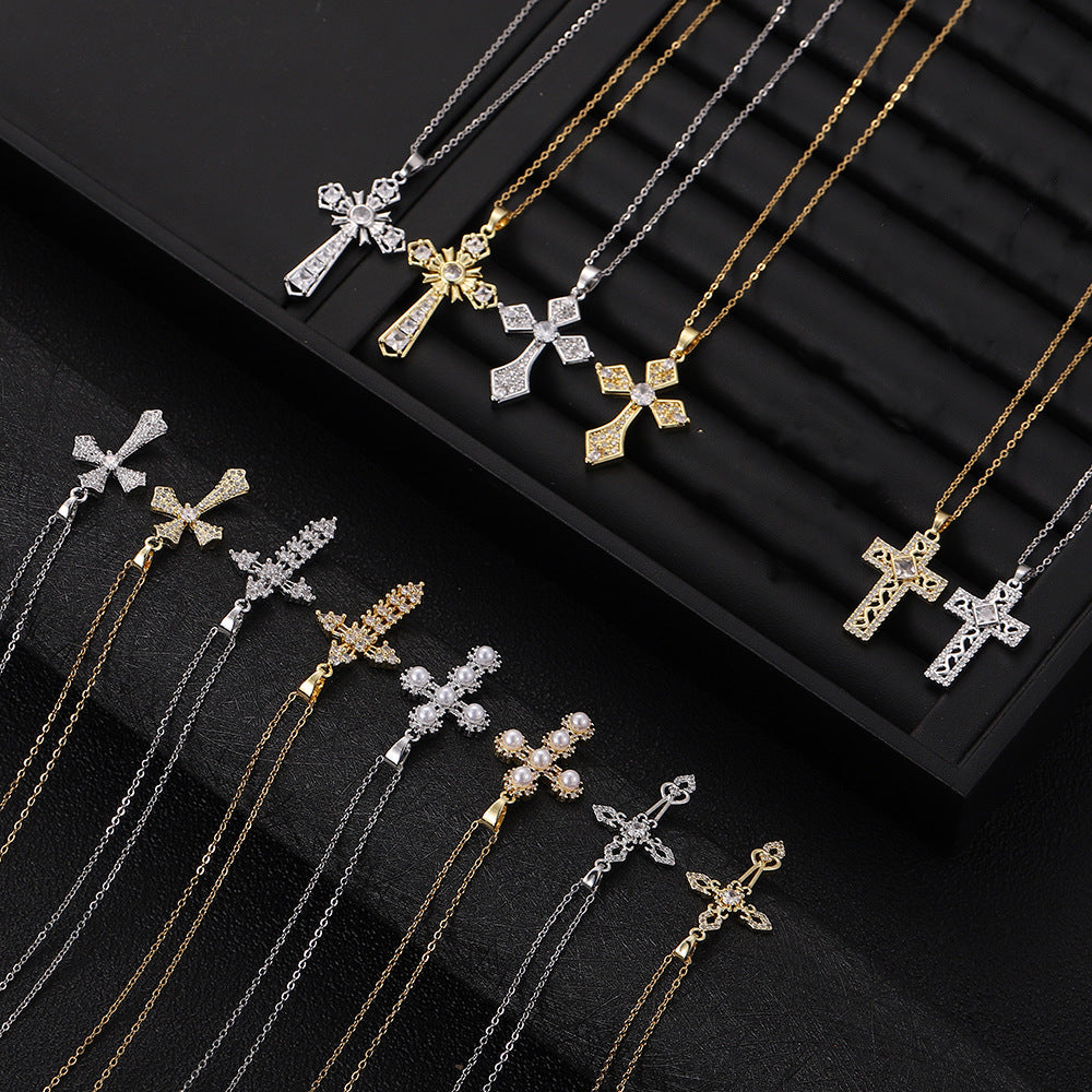 Wholesale Stylish Cross Pendant Necklace For Women Gold Plated Copper With Zircon Fashion Accessory Gift