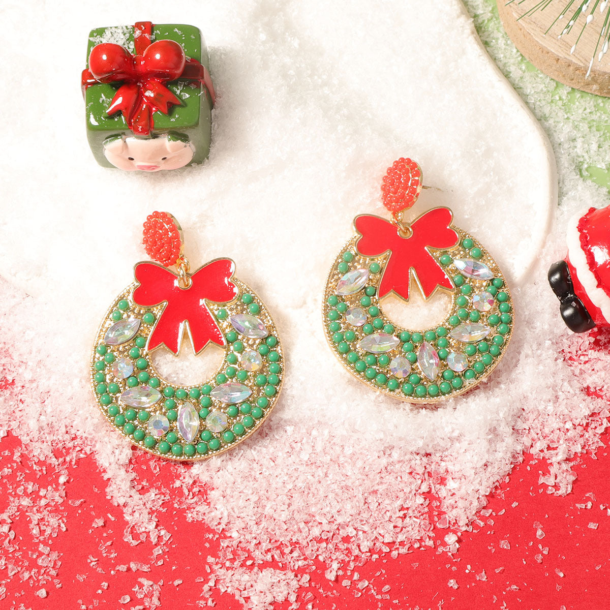 Wholesale Christmas oil drop red bow zircon earrings