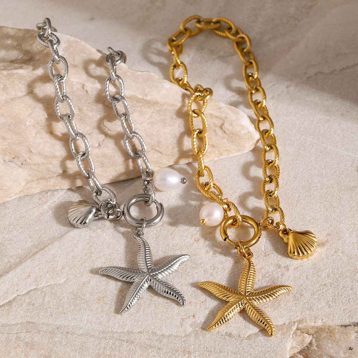 Wholesale 18k gold stainless steel starfish shell natural freshwater pearl bracelet