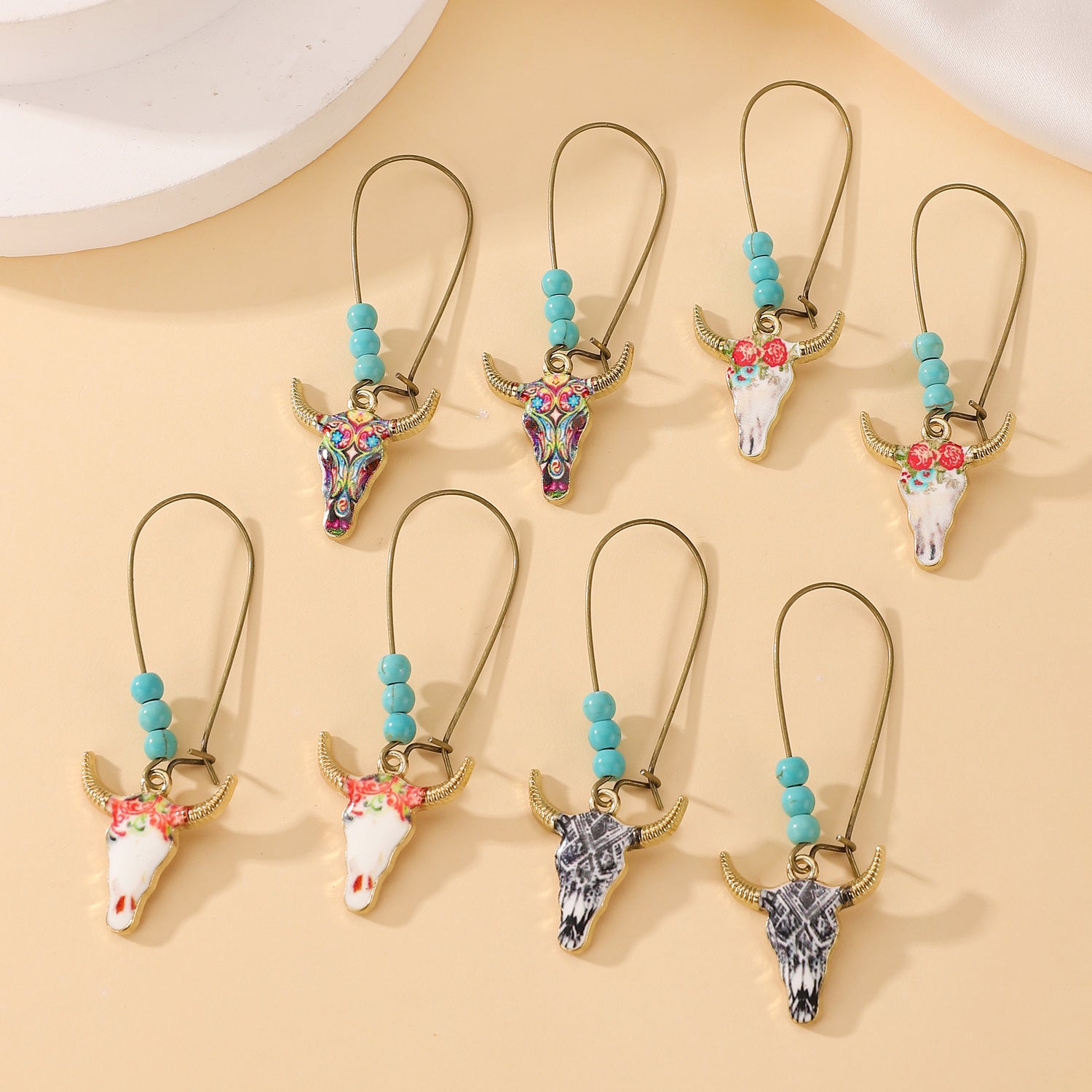 Wholesale Ethnic Style Bull Head Retro Western Cowboy Style Turquoise Earrings ACC-ES-ChengJing003