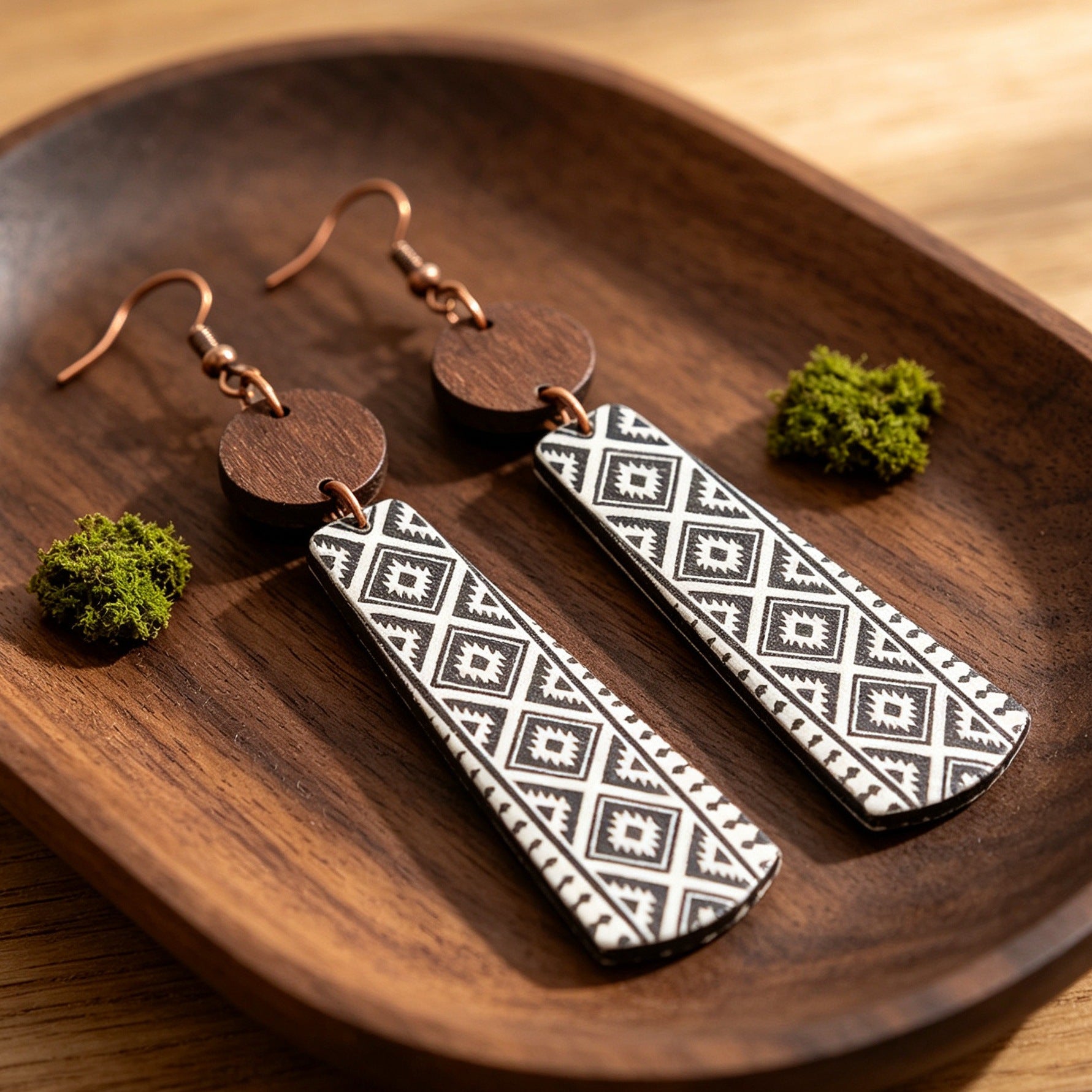 Wholesale Retro Geometric Wooden Earrings Black White Double Layer Print Jewelry Accessory For Boutique Resale