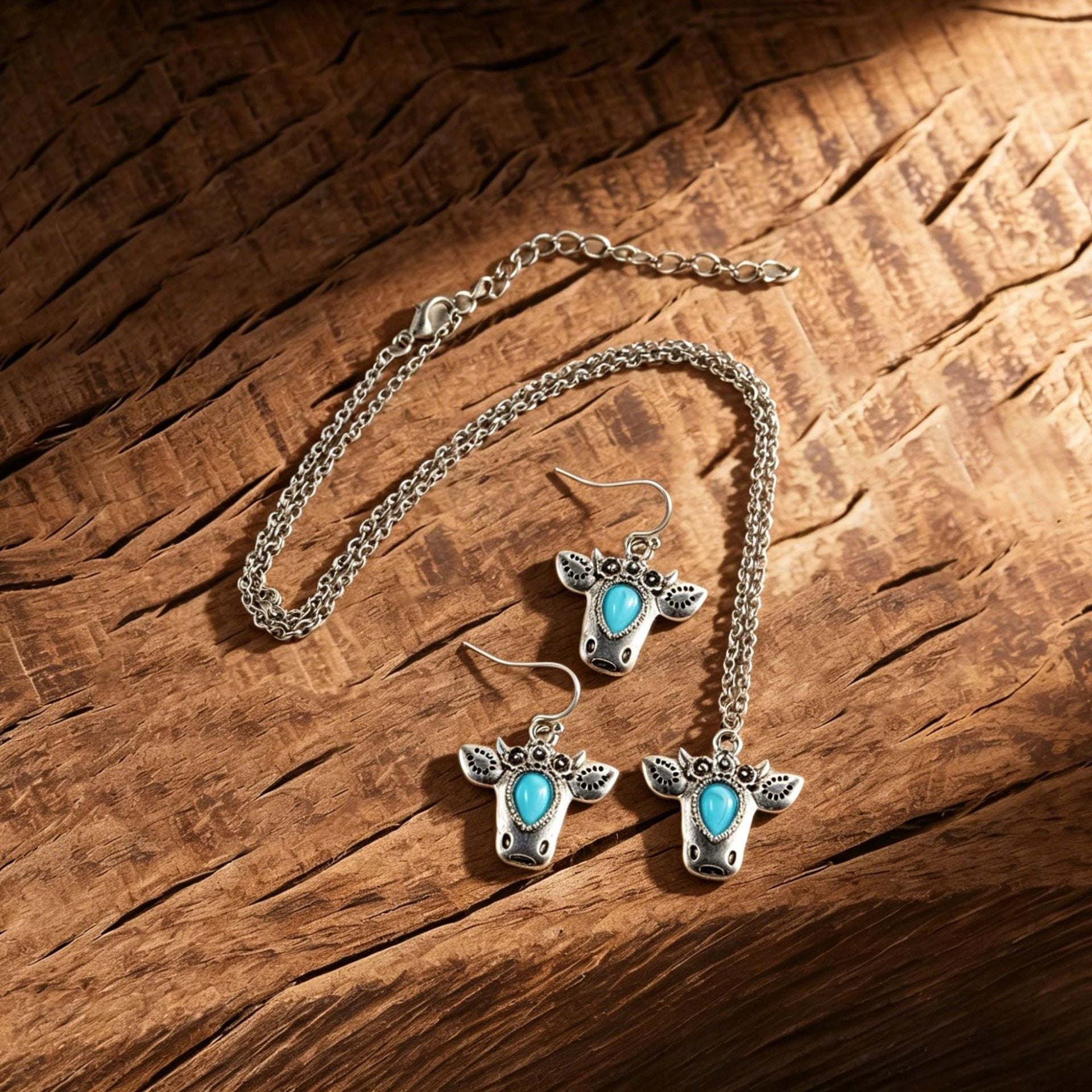 Wholesale Electroplated Zinc Alloy Turquoise Bull Head Pendant Necklace Earrings Set Bohemian Retro Everyday Wear