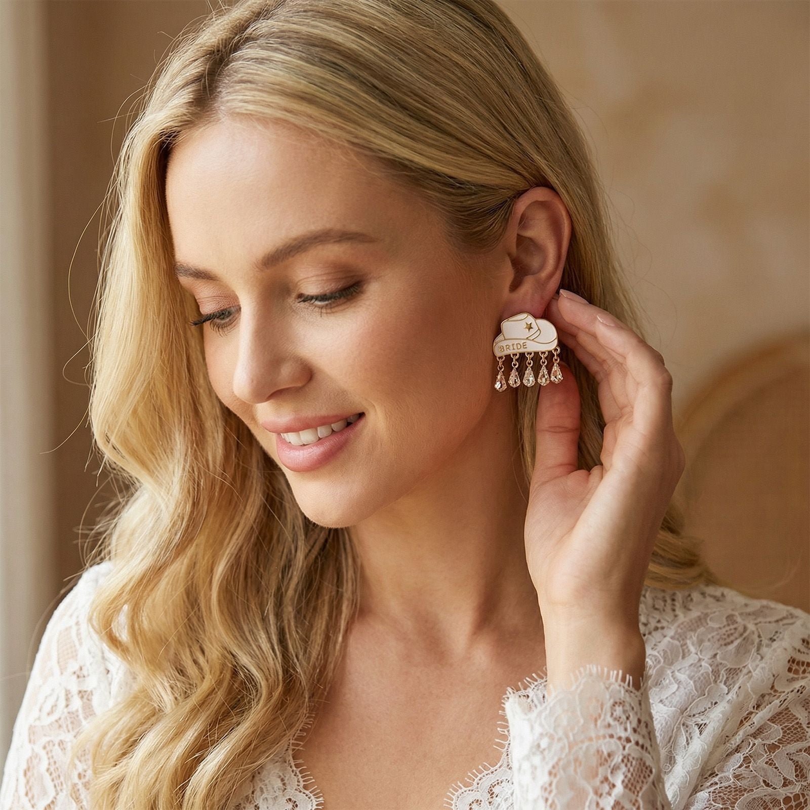 Wholesale Western Style Pearl Heart hinestone Bridal Cowboy Hat Earrings