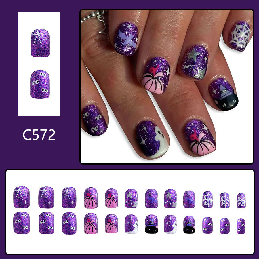 Wholesale 24 Pieces/box Halloween Short Purple Press-on Nails Kits Nail Stickers ACC-NS-GuaiXL116