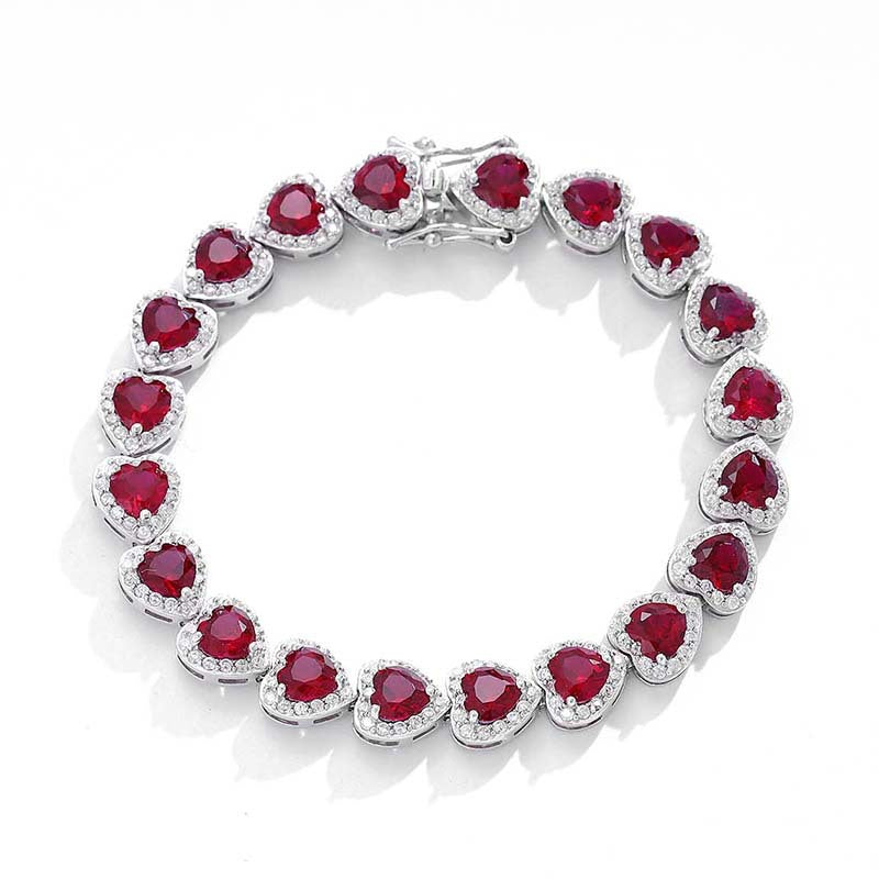 Wholesale Sterling Silver Diamond Heart Shaped Ruby Bracelet