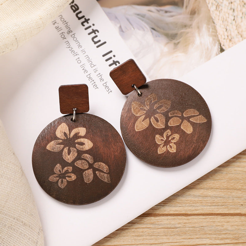Wholesale Retro Coffee Wooden Earrings Ethnic Style Round Hand Knitted Jewelry Accessory
