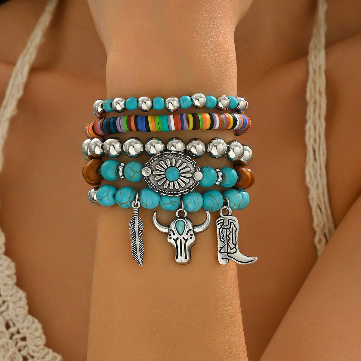 Wholesale 2PCS Western-style turquoise cactus bull' s head bracelet