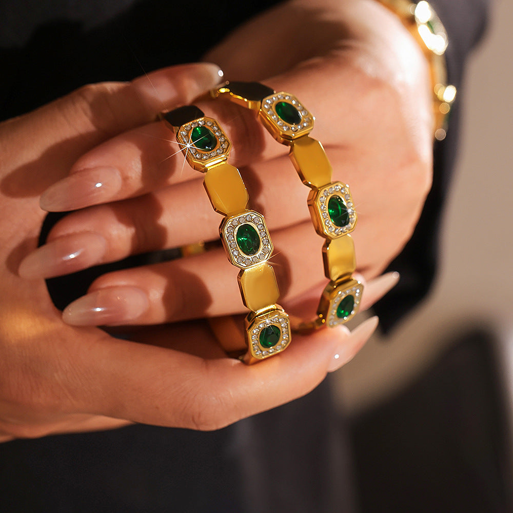 Wholesale Titanium Steel Square Green Diamond Buckle Bracelet