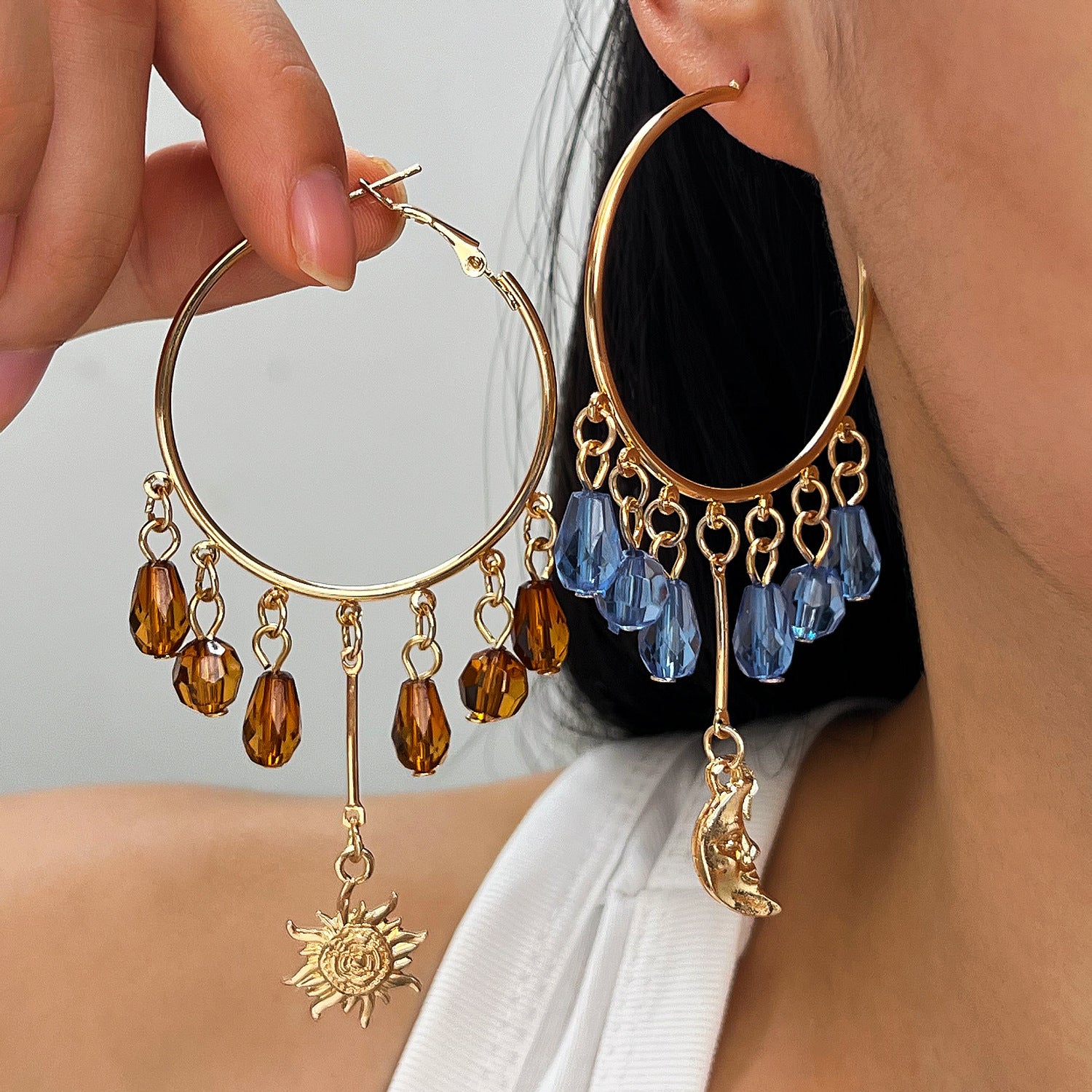 Wholesale Gold Plated Hoop Earrings Teardrop Crystal Tassel Sun Moon Design Ethnic Style Jewelry For Women