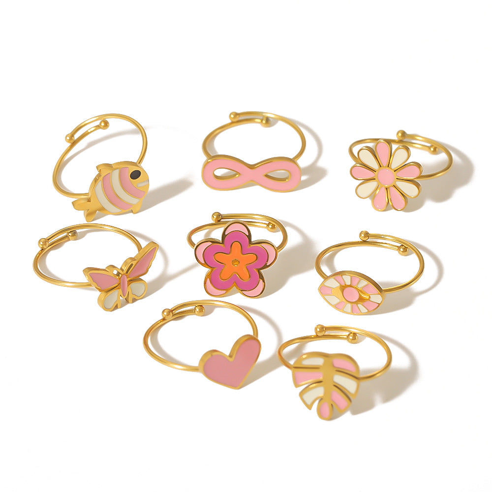Wholesale Peach Pink Oil Drop 18K Gold Stainless Steel Rings ACC-RS-LiQuan006