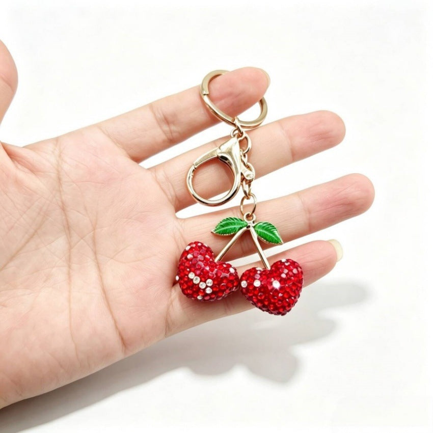 Wholesale 3D Rhinestone Cherry Heart Keychain Charm Creative Car Key Bag Pendant Decorative Accessory